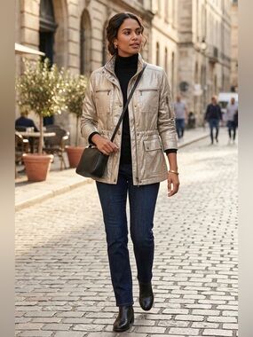 2/$25 Jones New York Petite Metallic Gold Utility Jacket Size P/S Shimmer Anorak